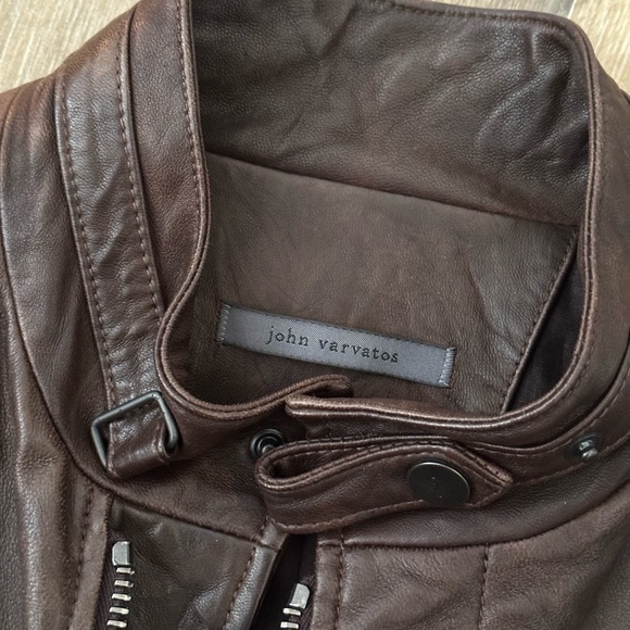 John Varvatos Leather Jacket Mens 48 Brown Leather Bomber Buttons double zip - Picture 8 of 16